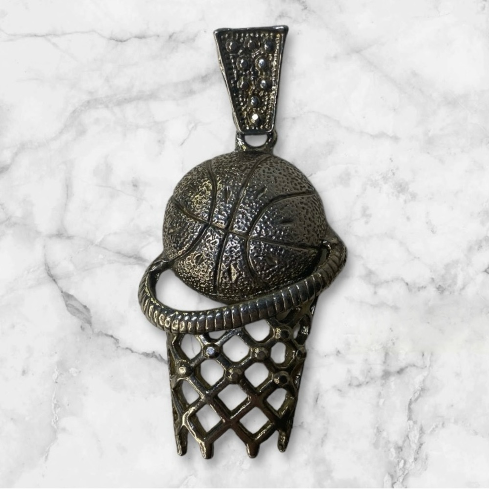 Pendant Basketball and Net, Goal Silver Tone antiqued Textured Large Size